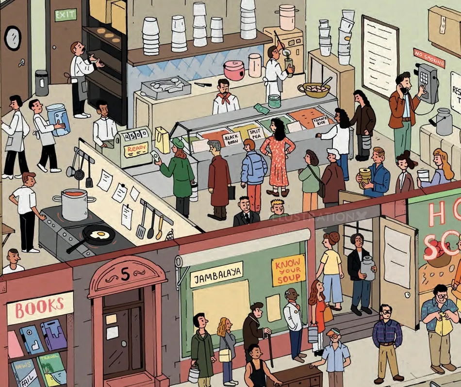 Illustration of a crowded cafeteria with customers and staff serving food