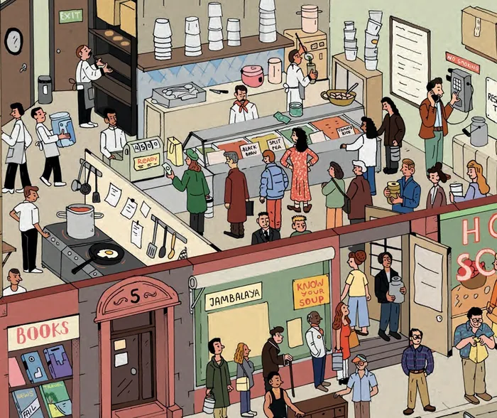 Illustration of a crowded cafeteria with customers and staff serving food