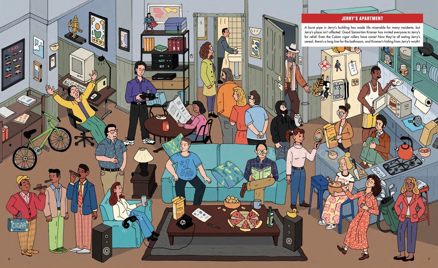 Busy room with diverse people talking, reading, playing, and relaxing