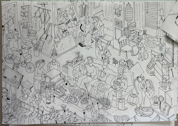Intricate black-and-white line art depicting a crowded indoor scene with many people and objects.