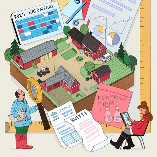 Farm management illustration with calendar, charts, buildings, and people