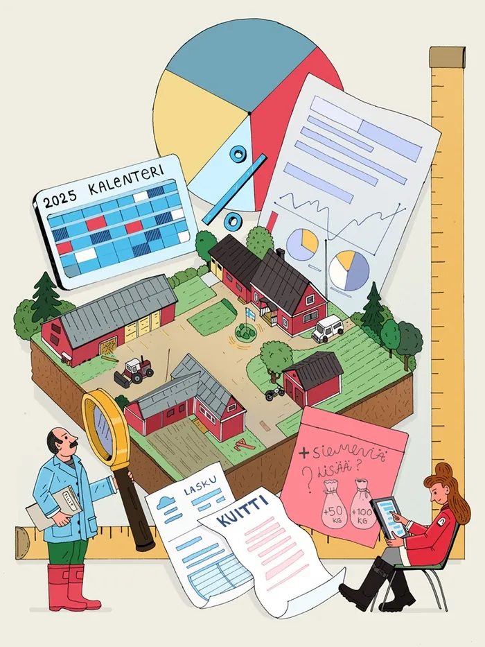 Farm management illustration with calendar, charts, buildings, and people