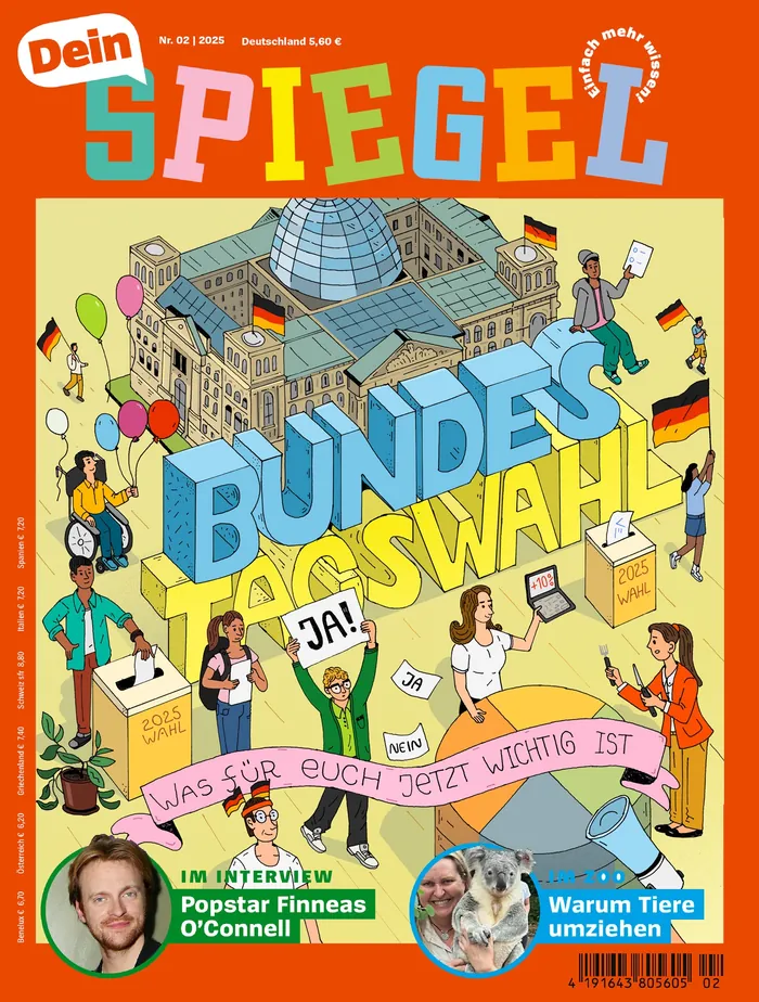 Cartoon of people and German Bundestag building with election theme