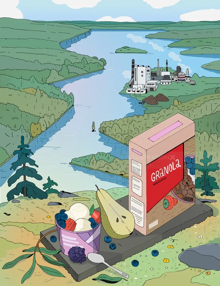 Granola box with fruit bowl on a rock, river and factories in background