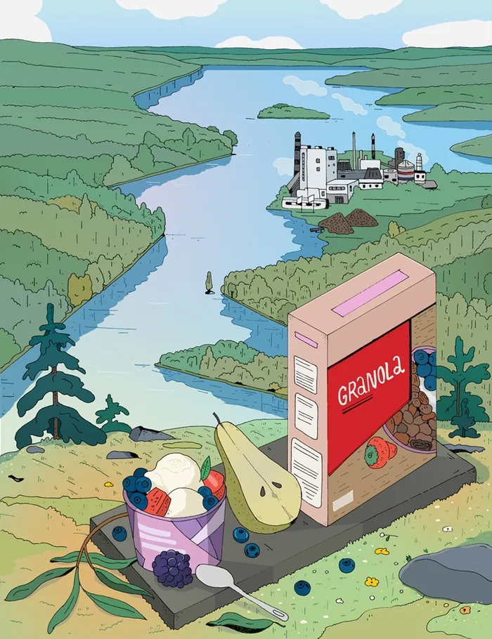 Granola box with fruit bowl on a rock, river and factories in background