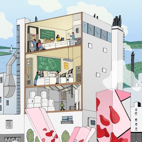 Chocolate factory cross-section showing workers and large chocolate bars