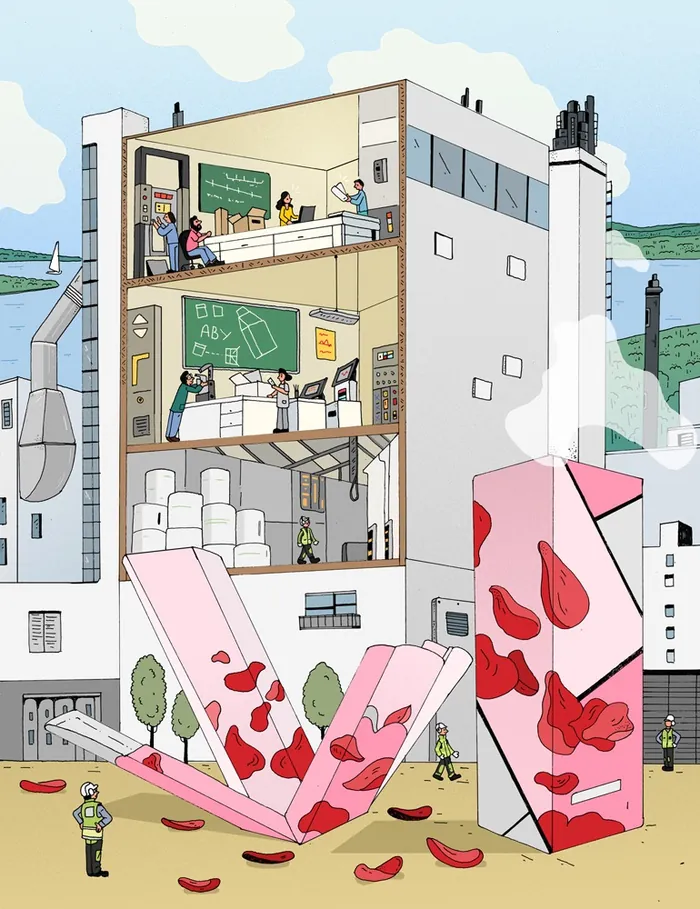 Chocolate factory cross-section showing workers and large chocolate bars