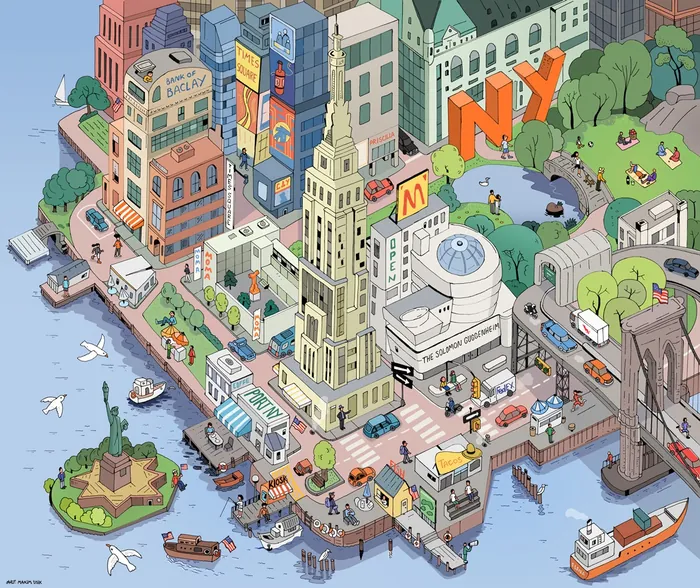 Illustration of New York City waterfront with Statue of Liberty and buildings