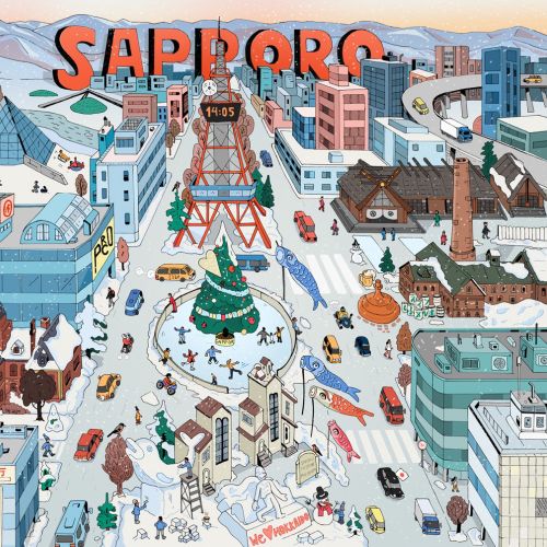 Illustration of Sapporo city with snow, buildings, and Christmas tree