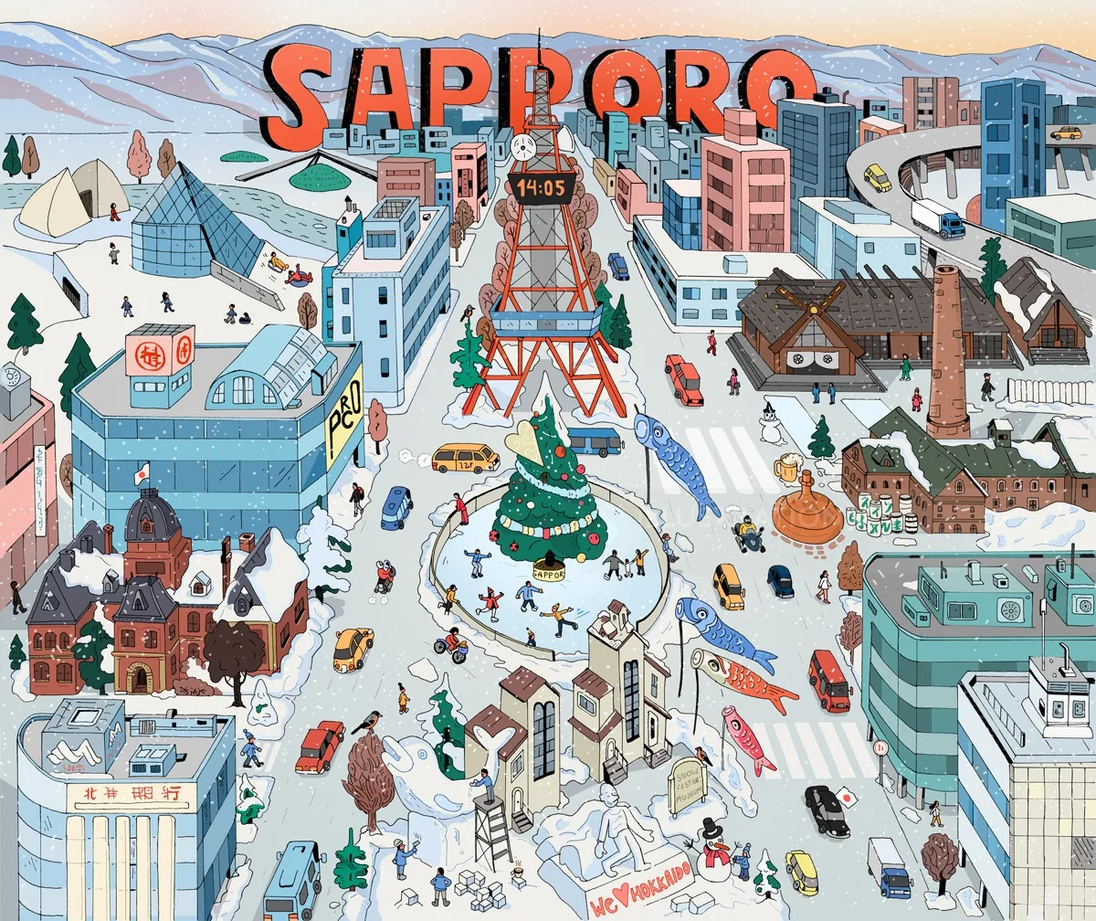 Illustration of Sapporo city with snow, buildings, and Christmas tree