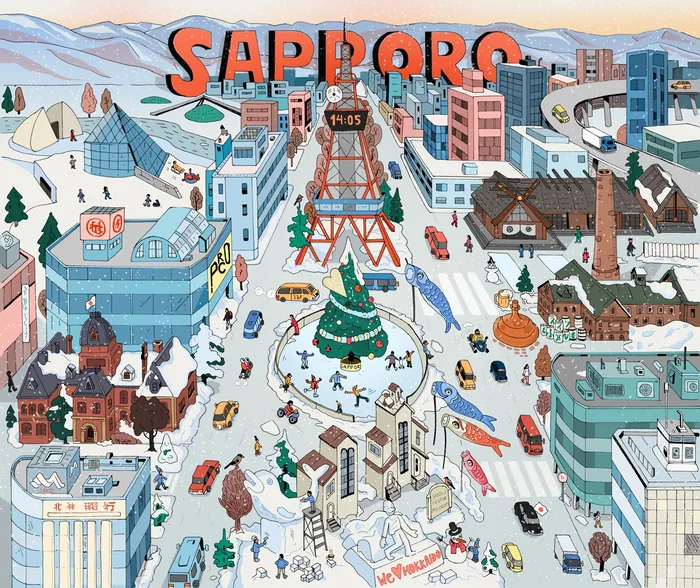 Illustration of Sapporo city with snow, buildings, and Christmas tree