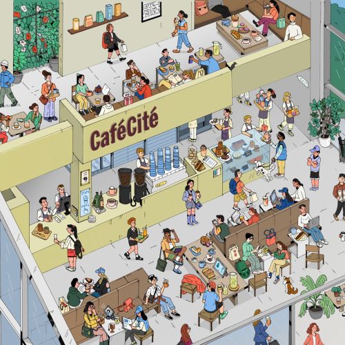 Interior of CaféCité with customers drinking coffee and chatting in a lively atmosphere