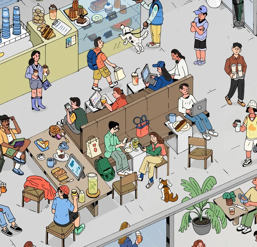 Illustration of a crowded café with people, dogs, and baristas