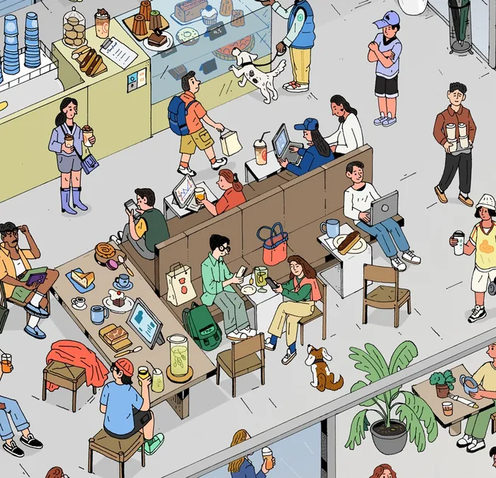 Illustration of a crowded café with people, dogs, and baristas