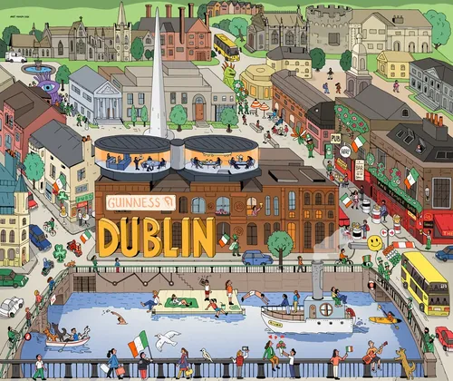 Illustrated map of Dublin featuring landmarks, streets, buses, boats, and people.