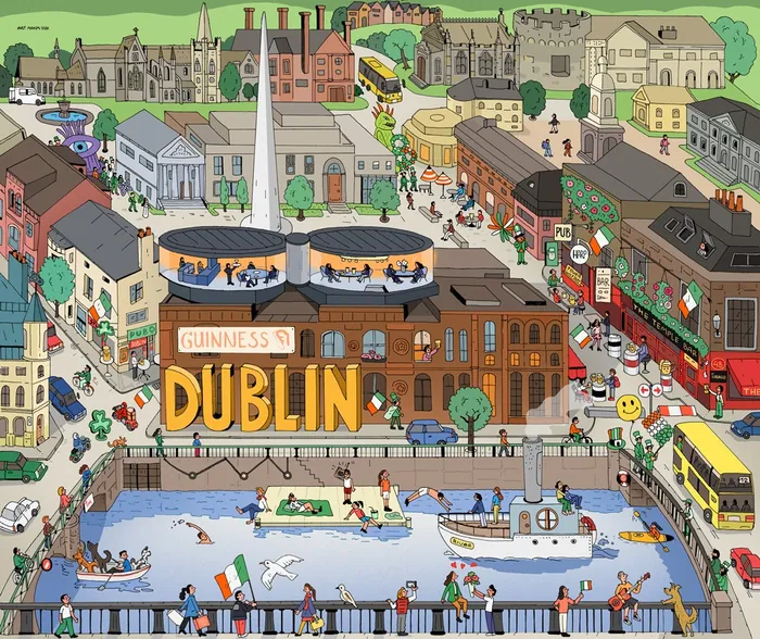 Illustrated map of Dublin featuring landmarks, streets, buses, boats, and people.