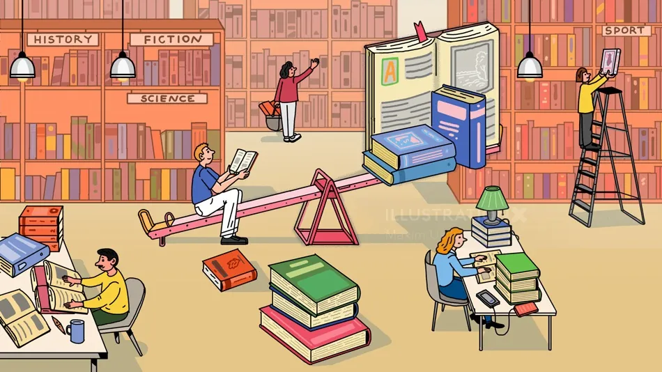 Library scene with people reading and bookshelves by Maxim Usik