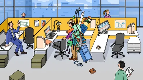 Office scene with employee carrying golf equipment by Maxim Usik