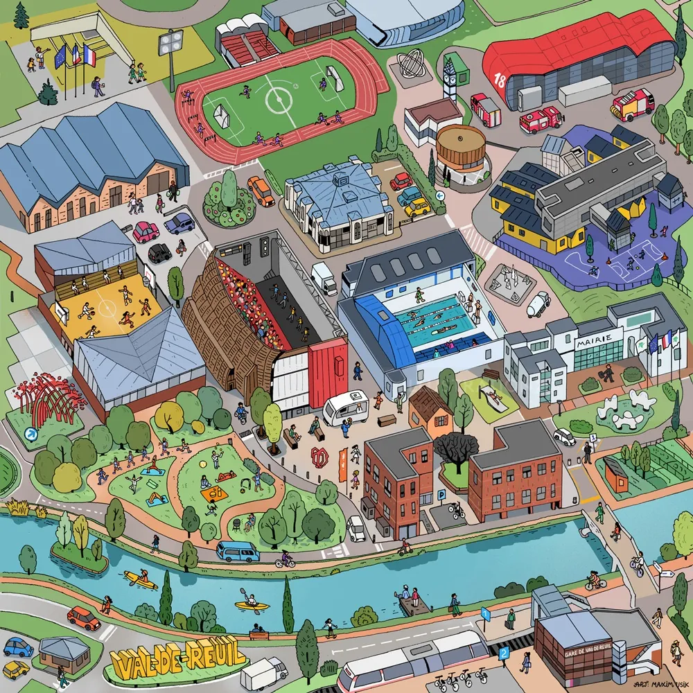 Isometric urban neighborhood with buildings, playgrounds, and a river by Maxim Usik