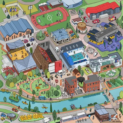 Isometric urban neighborhood with buildings, playgrounds, and a river by Maxim Usik