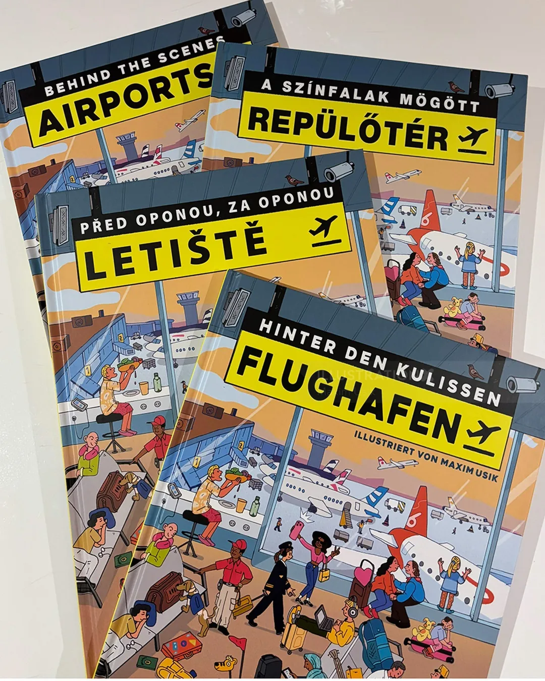 Book covers of Behind the Scene Airports in multiple languages by Maxim Usik