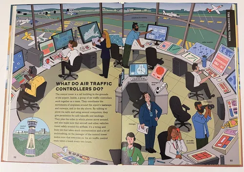 Air traffic controllers working in airport control tower, by Maxim Usik