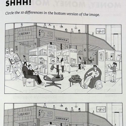 Library scenes with people reading and working quietly, spot the differences puzzle by Maxim Usik