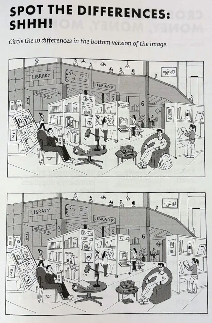 Library scenes with people reading and working quietly, spot the differences puzzle by Maxim Usik