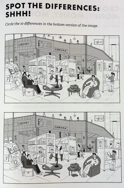 Library scenes with people reading and working quietly, spot the differences puzzle by Maxim Usik
