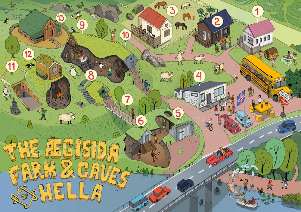 Illustrated farm map with caves, animals, houses, and a bus by a river by Maxim Usik