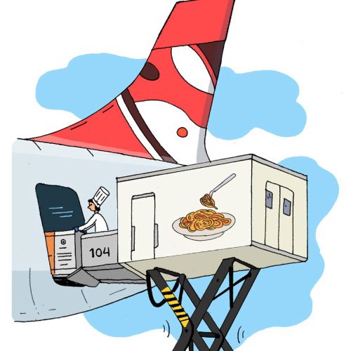 Aircraft catering lift truck raising food container to airplane by Maxim Usik