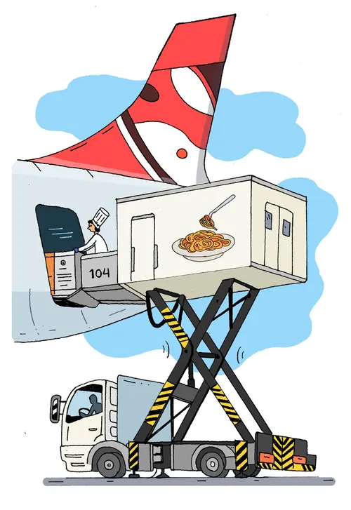 Aircraft catering lift truck raising food container to airplane by Maxim Usik