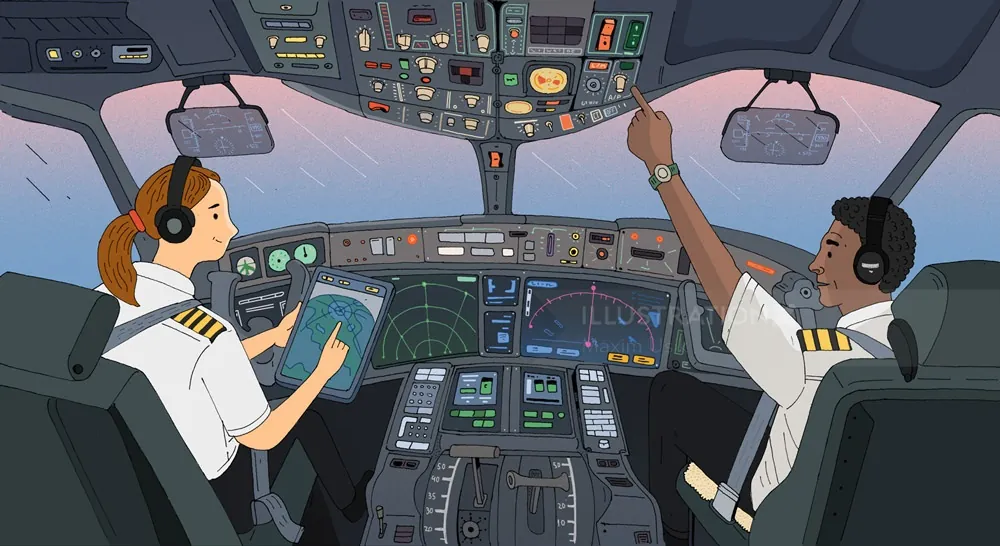 Two airplane pilots in cockpit with controls and instruments by Maxim Usik