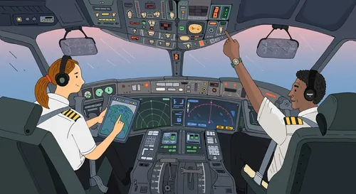 Two airplane pilots in cockpit with controls and instruments by Maxim Usik