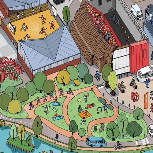 Urban park with playground, sports court, amphitheater, and people by Maxim Usik