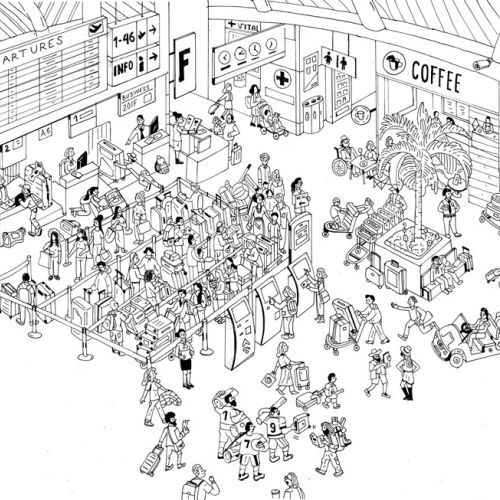 Black and white airport terminal scene with travelers and departure board by Maxim Usik