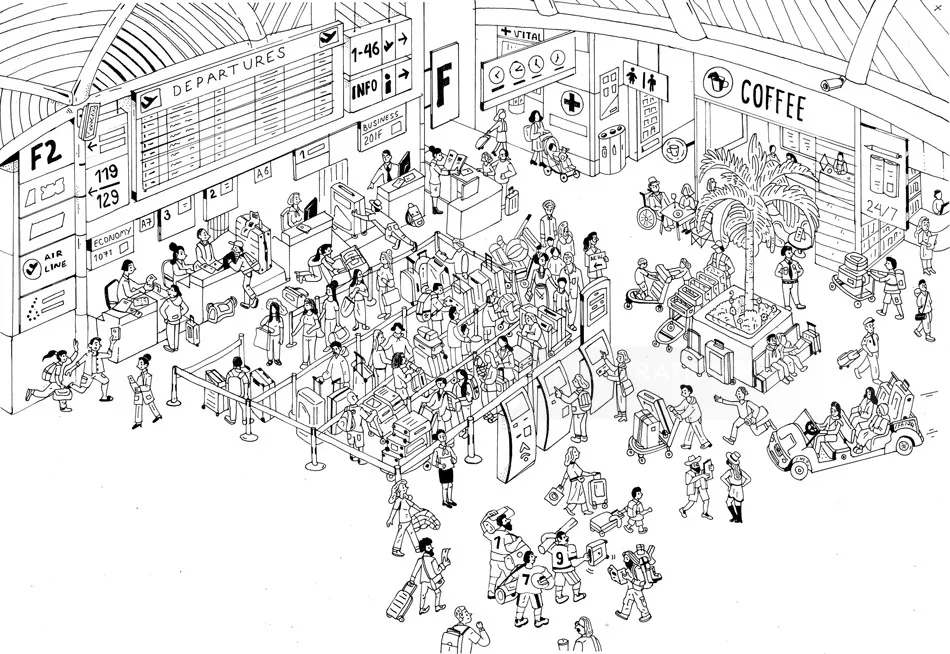 Black and white airport terminal scene with travelers and departure board by Maxim Usik