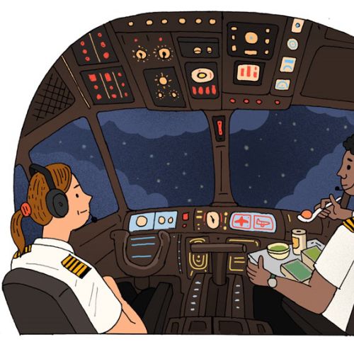 Two pilots in airplane cockpit at night with detailed control panels by Maxim Usik