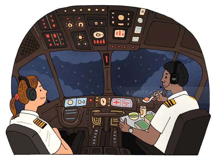 Two pilots in airplane cockpit at night with detailed control panels by Maxim Usik
