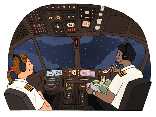 Two pilots in airplane cockpit at night with detailed control panels by Maxim Usik