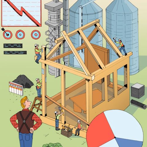 Wooden farm building construction with workers and agricultural data charts by Maxim Usik