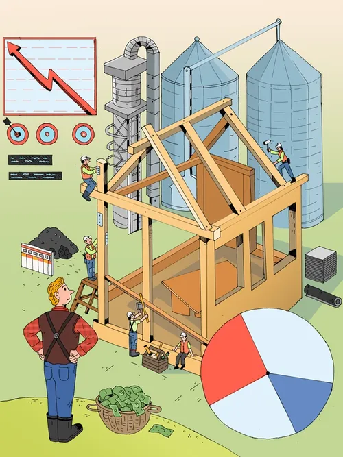Wooden farm building construction with workers and agricultural data charts by Maxim Usik