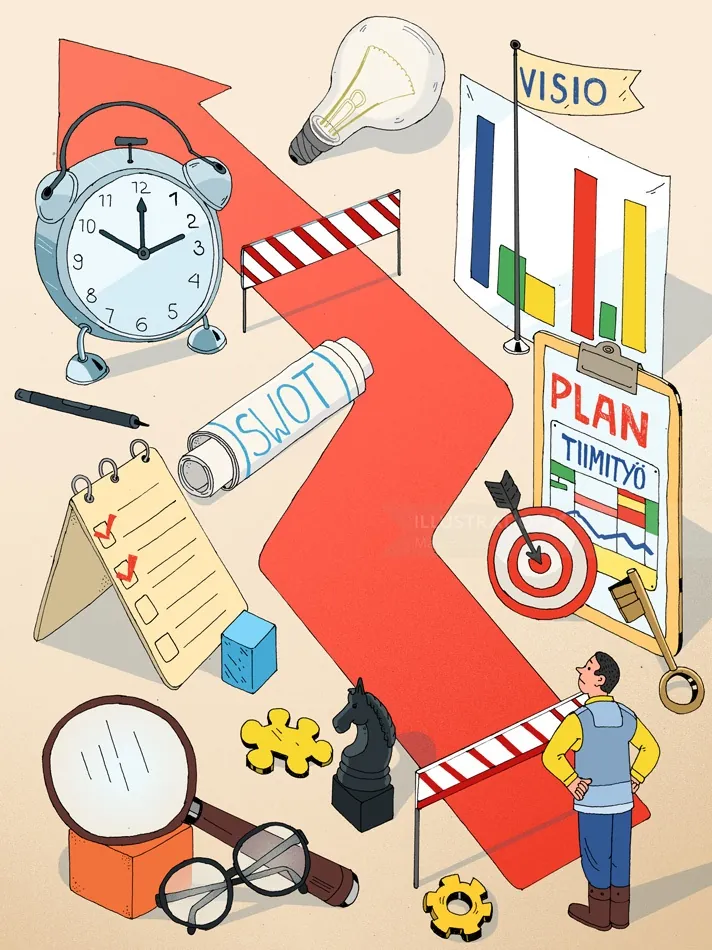 Goal setting and planning illustration showing charts, checklist, clock, and a person by Maxim Usik