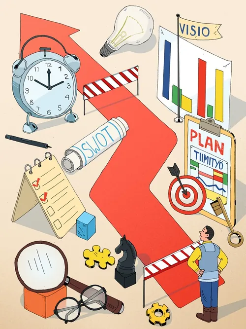 Goal setting and planning illustration showing charts, checklist, clock, and a person by Maxim Usik
