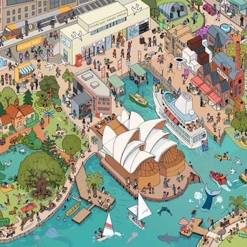 港、船、賑やかな通りが描かれた詳細な都市景観（作者：Maxim Usik）