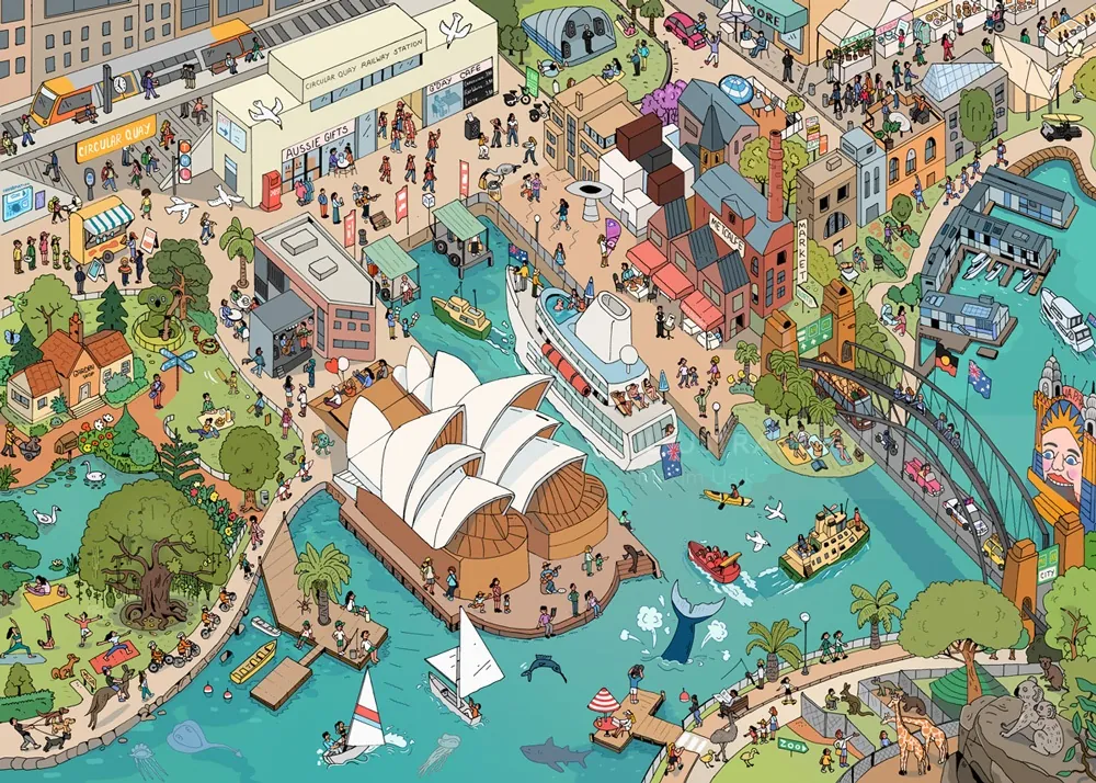 Detailed cityscape with harbour, boats, and busy streets by Maxim Usik