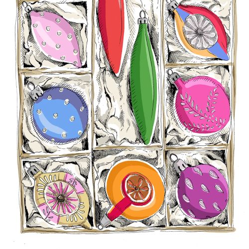 Illustration of baubles in a box