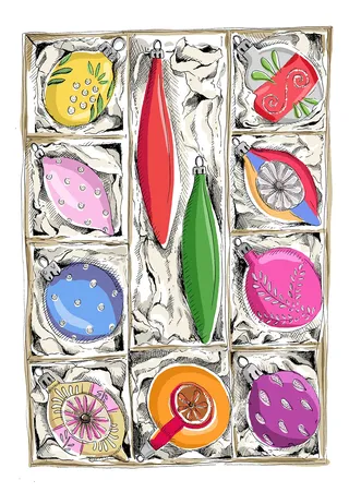 Illustration of baubles in a box