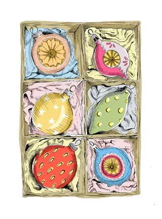 Vintage illustration of baubles in box