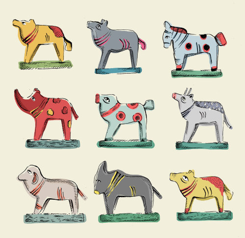 Ilustração de animais feitos de madeira